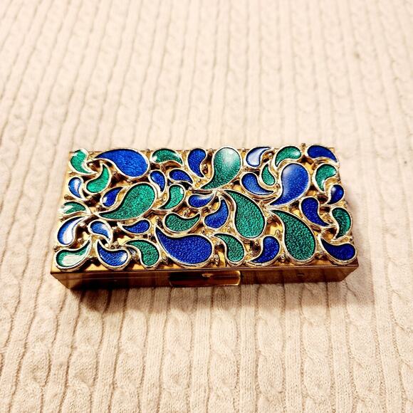 Stunning Vintage 80s Cloisonne Enamel Brass Trinket Box Floral Green Blue - Picture 1 of 9